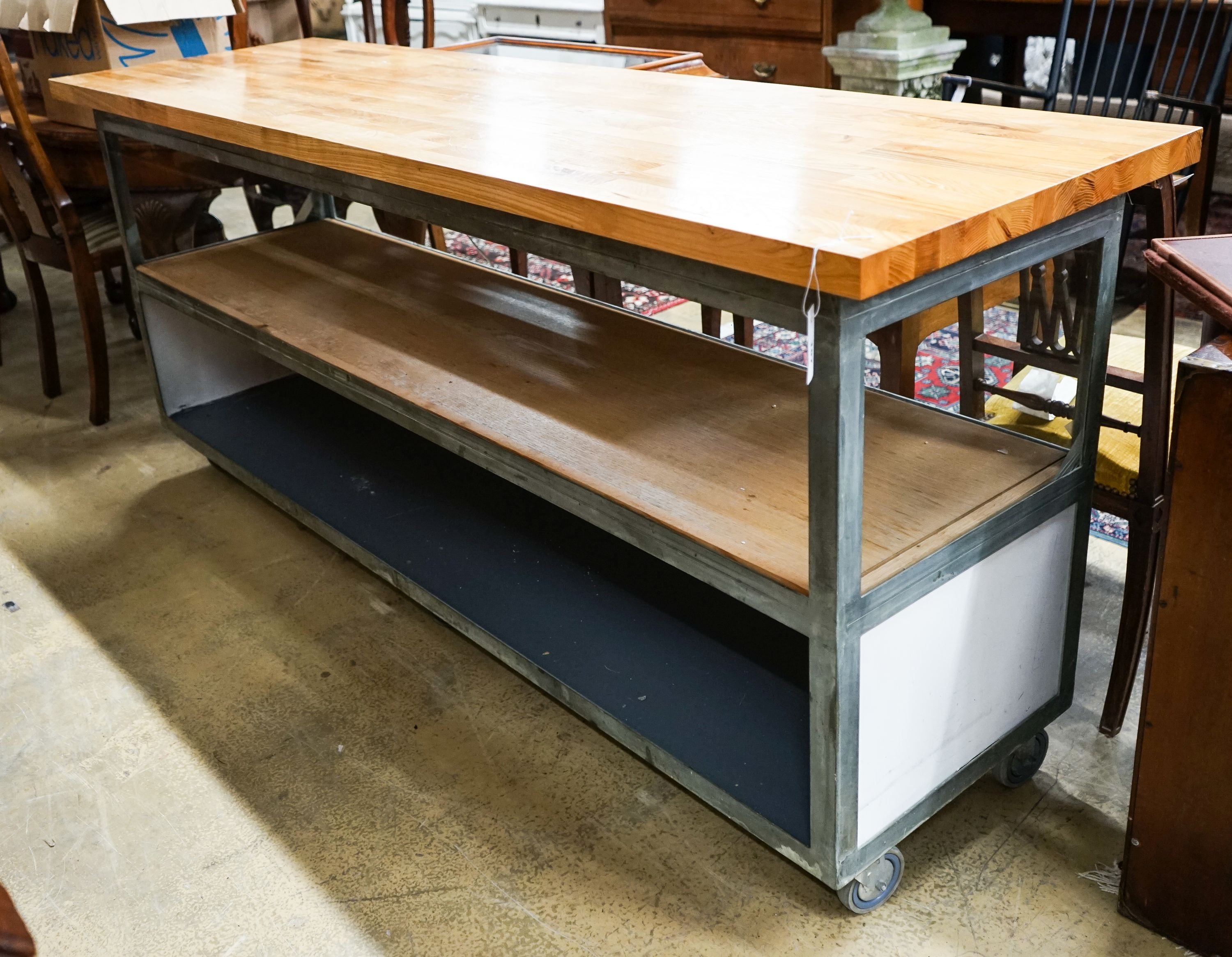 A glazed shop counter now as a kitchen island with removable wood worktop, length 212cm, depth 63cm, height 93cm